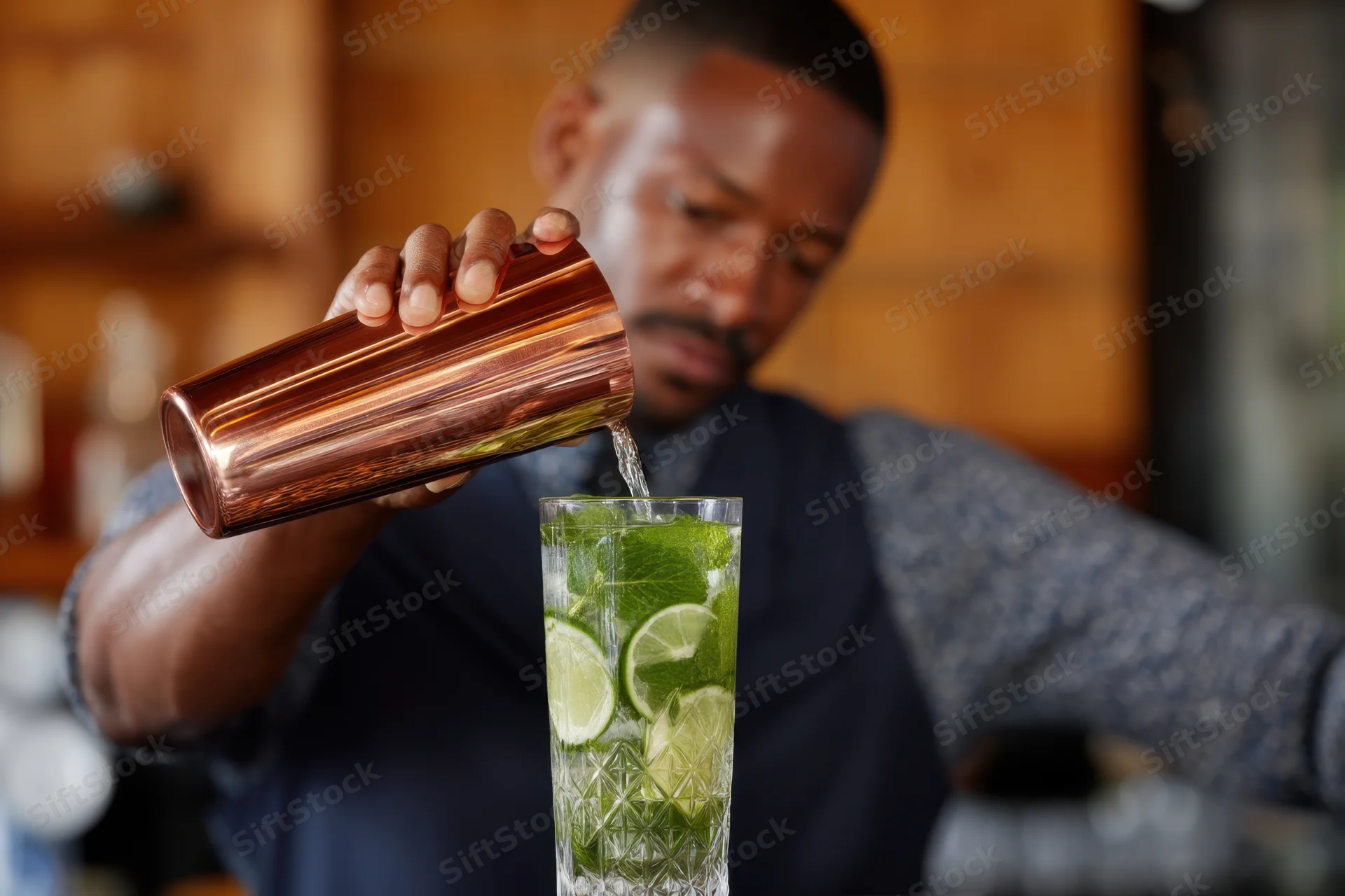 Bartender pouring a clear cocktail from a copper shaker into a lime-garnished glass at a bar
