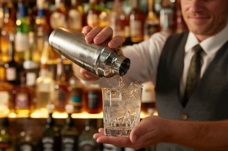 Bartender pouring cocktail from stainless steel shaker into glass with ice at bar