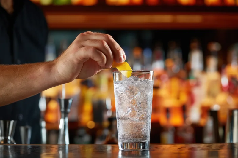 Bartender placing lemon garnish on cocktail glass at bar counter