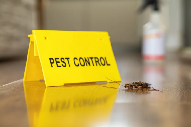 Yellow pest control sign with dead cockroach on wooden floor near spray bottle