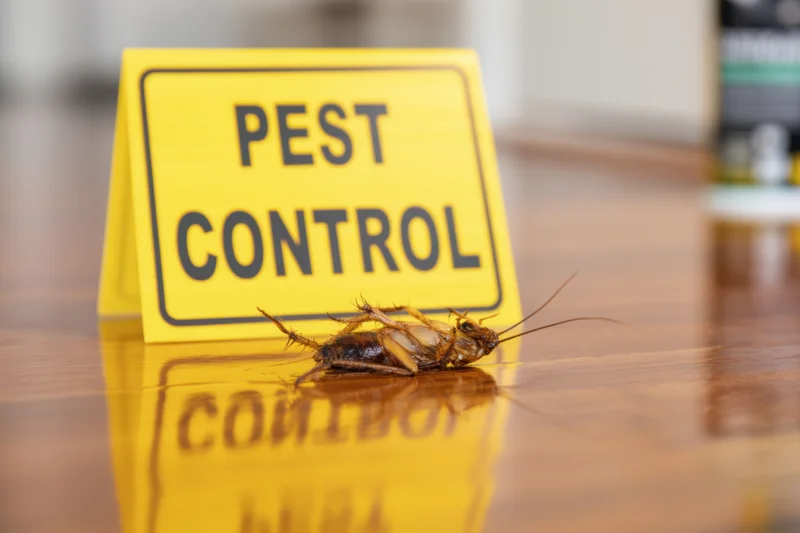 Dead cockroach lying on wooden table beside yellow pest control warning sign