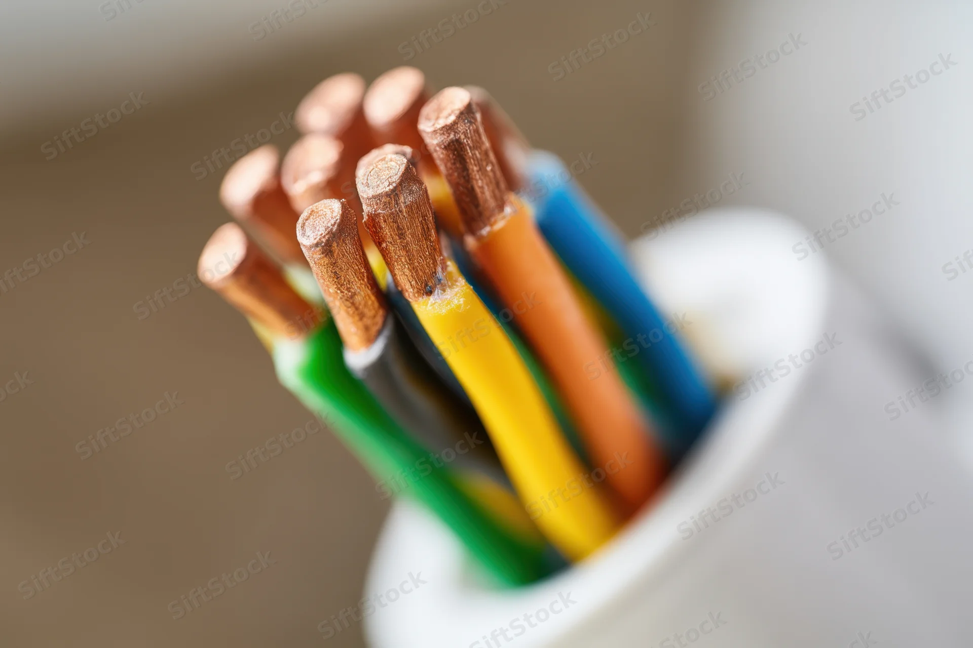 Bundle of multicolored electrical wires with exposed copper cores in a white container