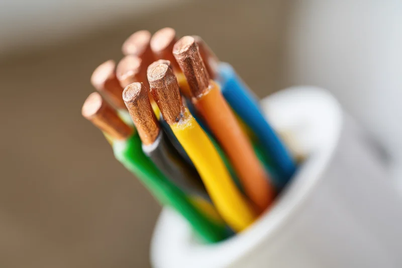 Bundle of multicolored electrical wires with exposed copper cores in a white container