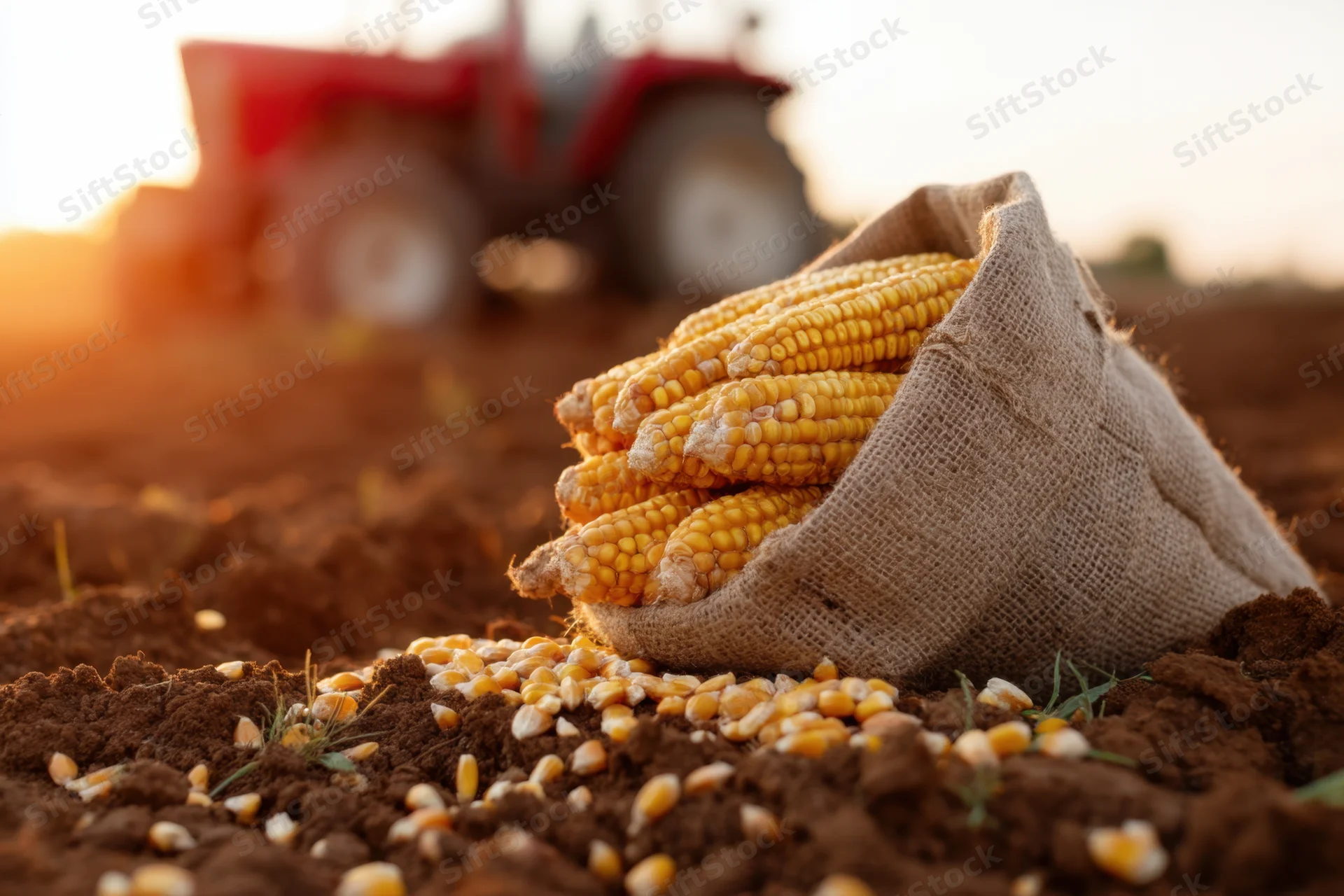 Burlap sack filled with golden corn cobs resting on rich soil in a field with tractor in background at sunset