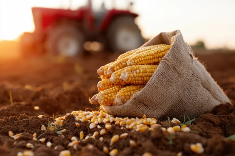 Burlap sack filled with golden corn cobs resting on rich soil in a field with tractor in background at sunset