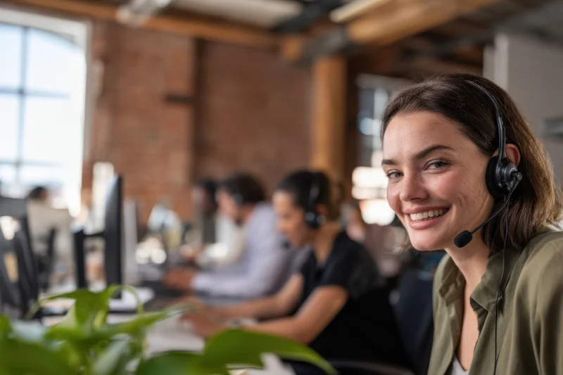 Smiling woman wearing headset in a modern office call center with colleagues at desks