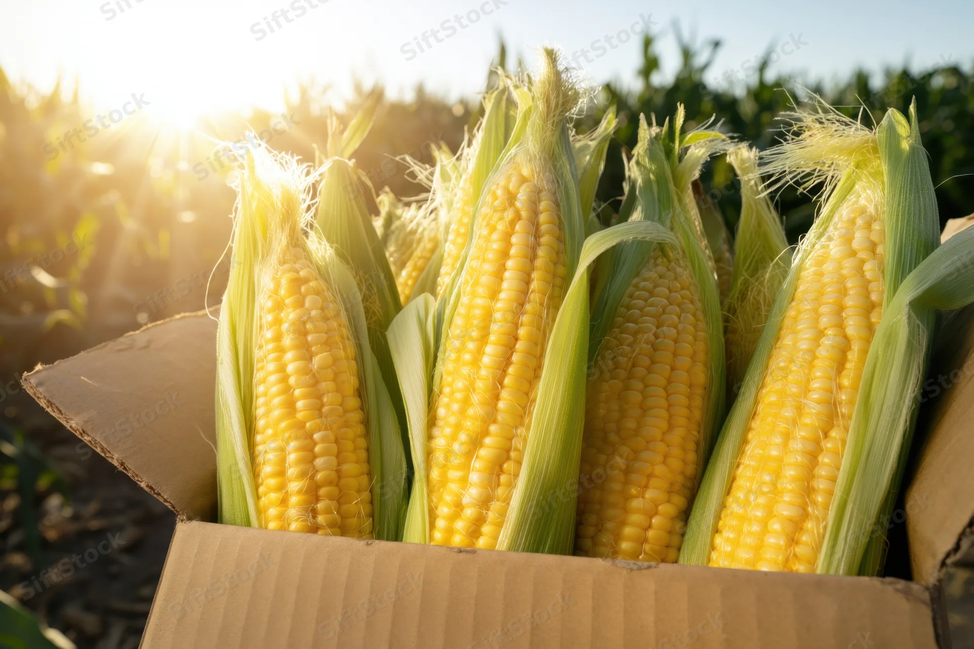 Fresh corn ears in a cardboard box in a sunlit field