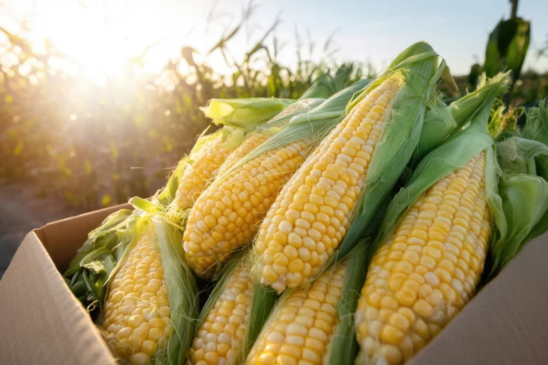 Fresh corn ears in a cardboard box in a sunlit field