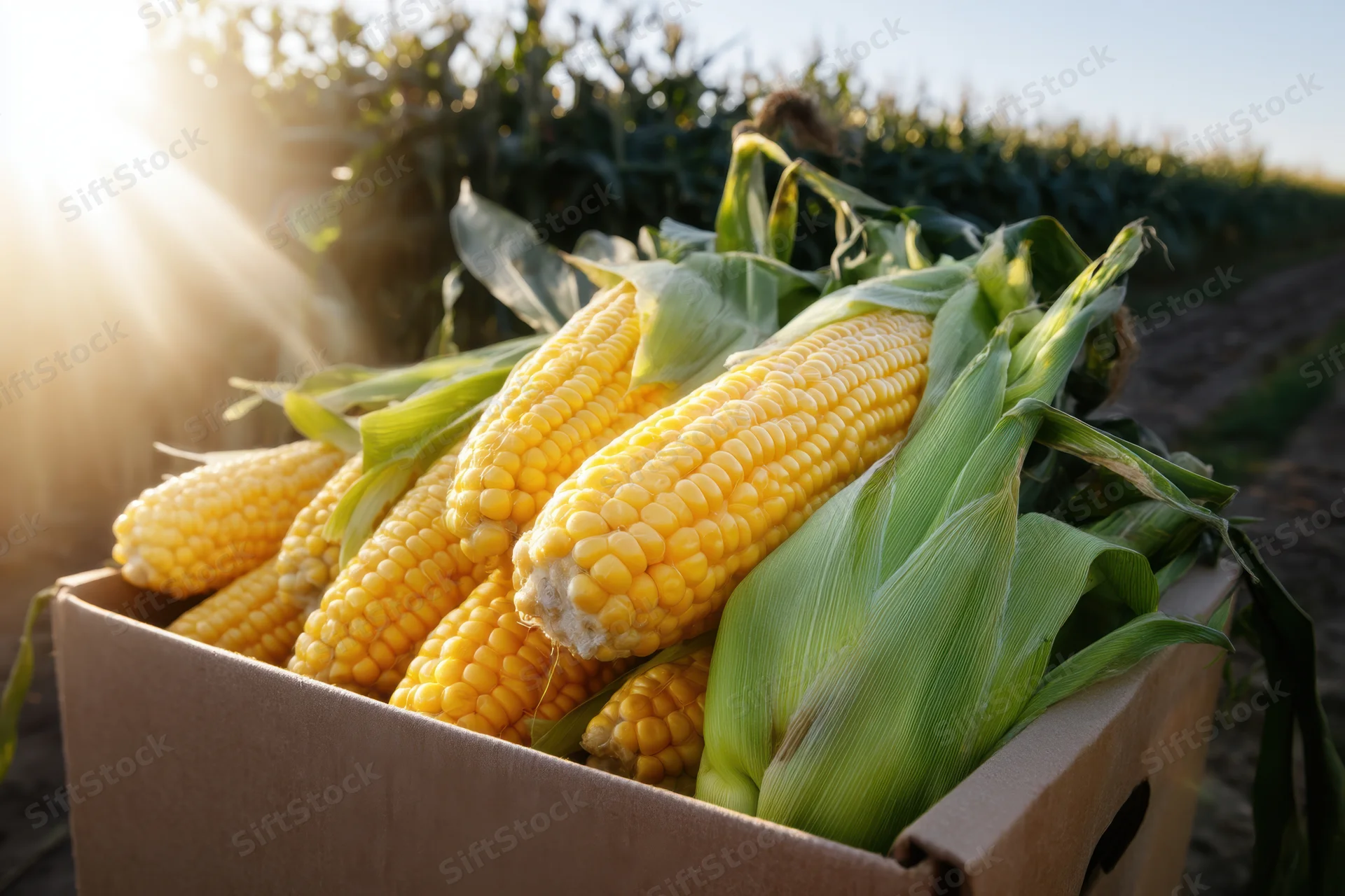 Cardboard box filled with fresh corn ears in a field at sunrise