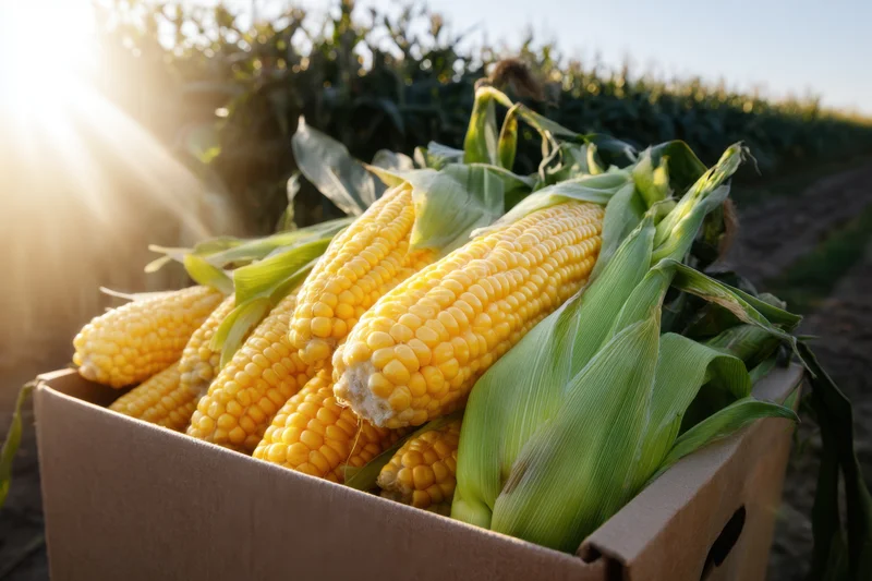 Cardboard box filled with fresh corn ears in a field at sunrise