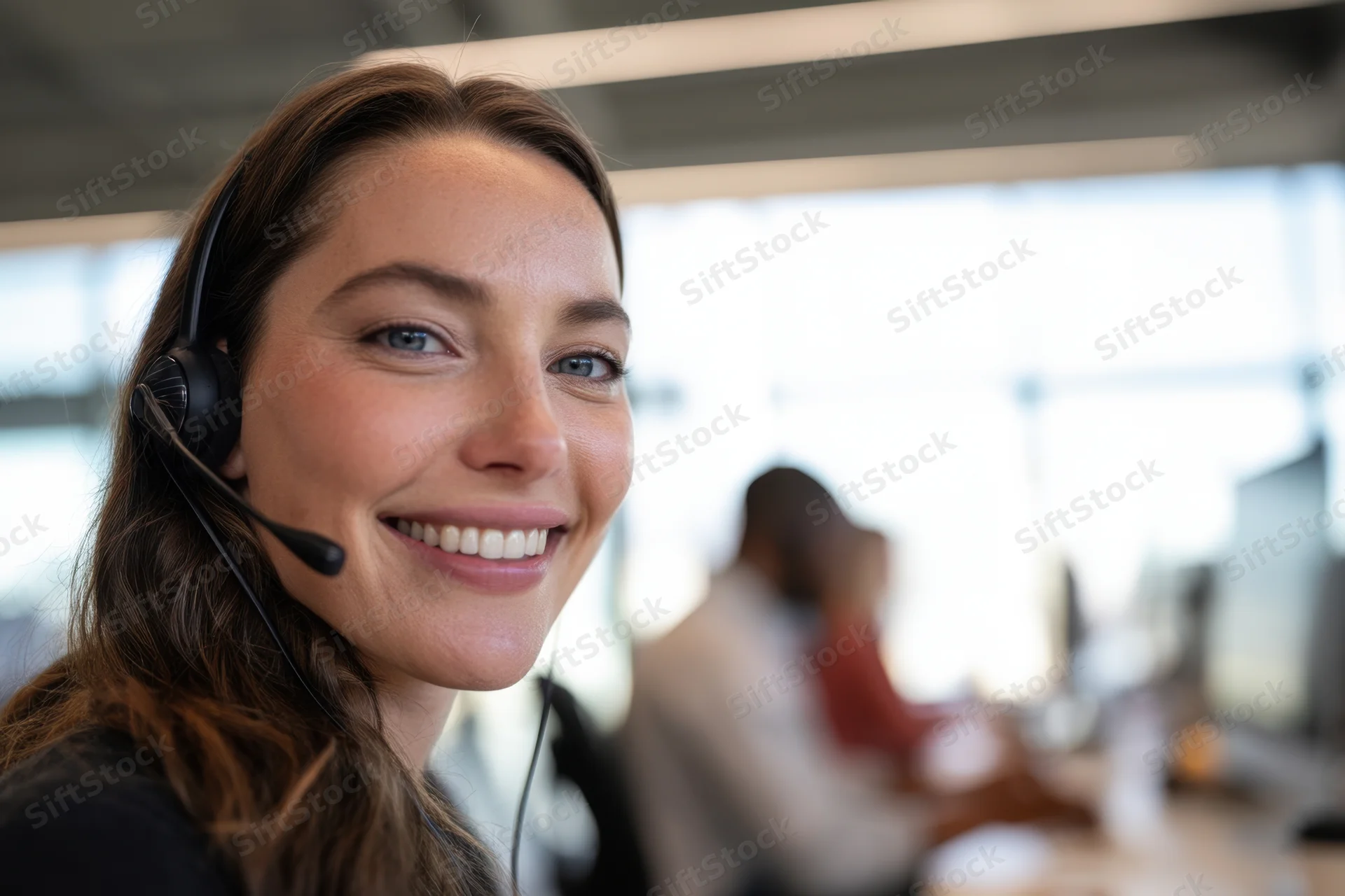 Smiling woman wearing headset in office call center environment