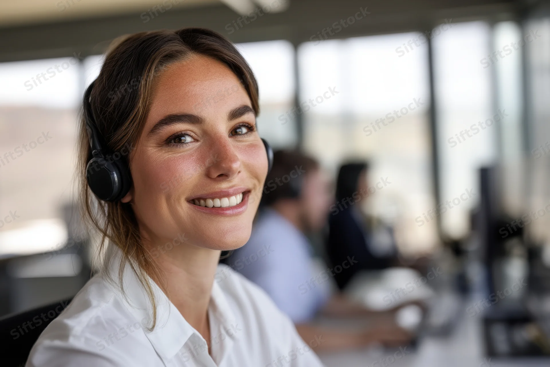 Smiling female customer service representative wearing headset in modern office workspace