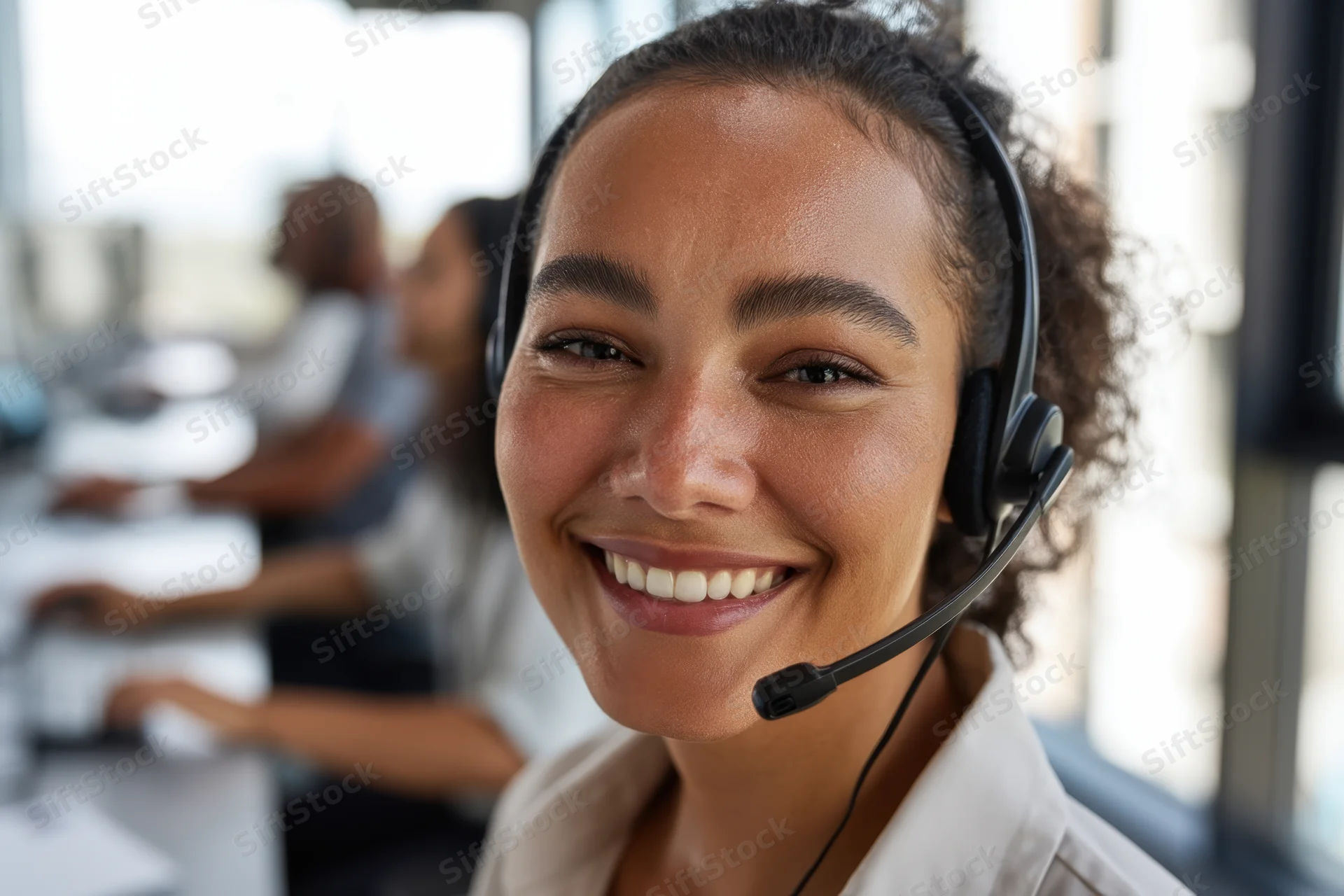 Smiling woman wearing headset in office call center environment