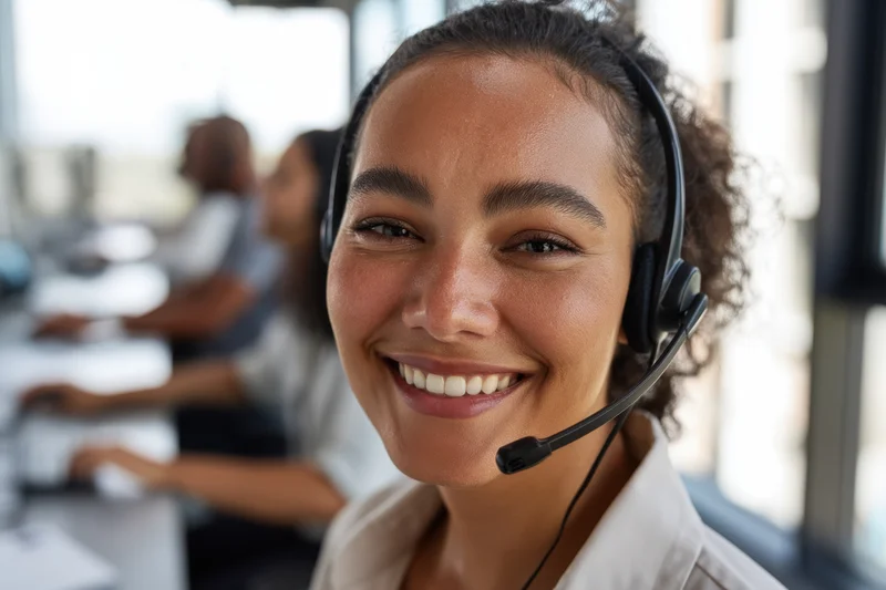 Smiling woman wearing headset in office call center environment