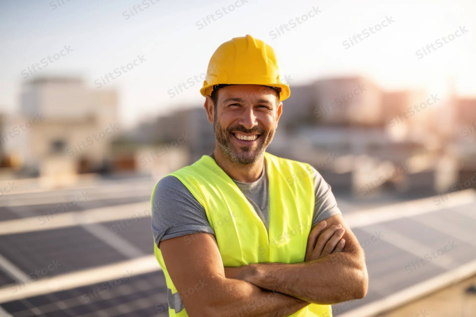 Smiling male worker in yellow hardhat and safety vest standing on rooftop with solar panels, arms crossed