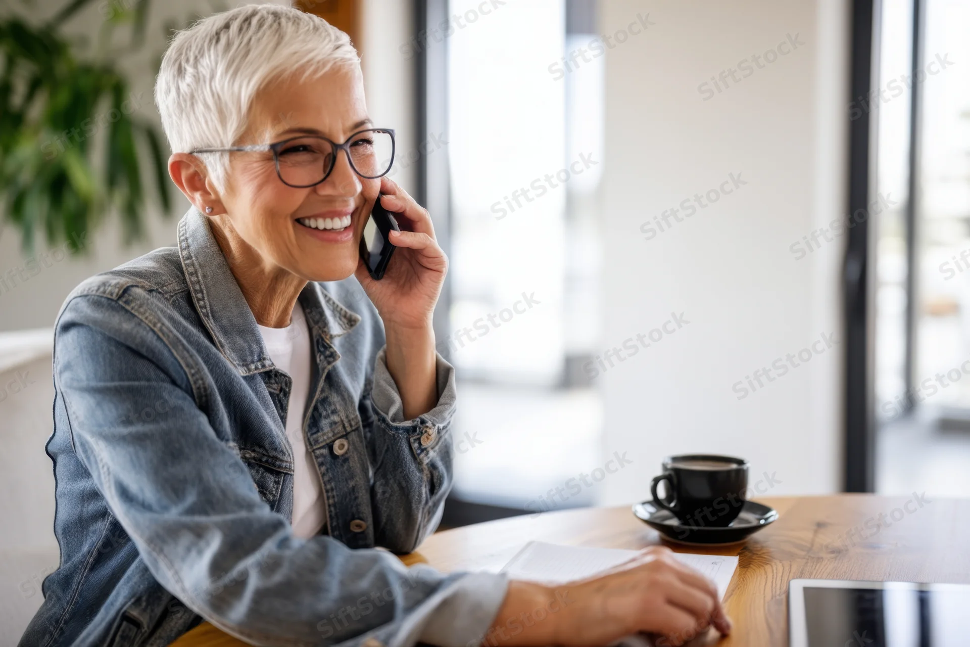 Senior woman smiling while talking on phone at home office desk with coffee and laptop