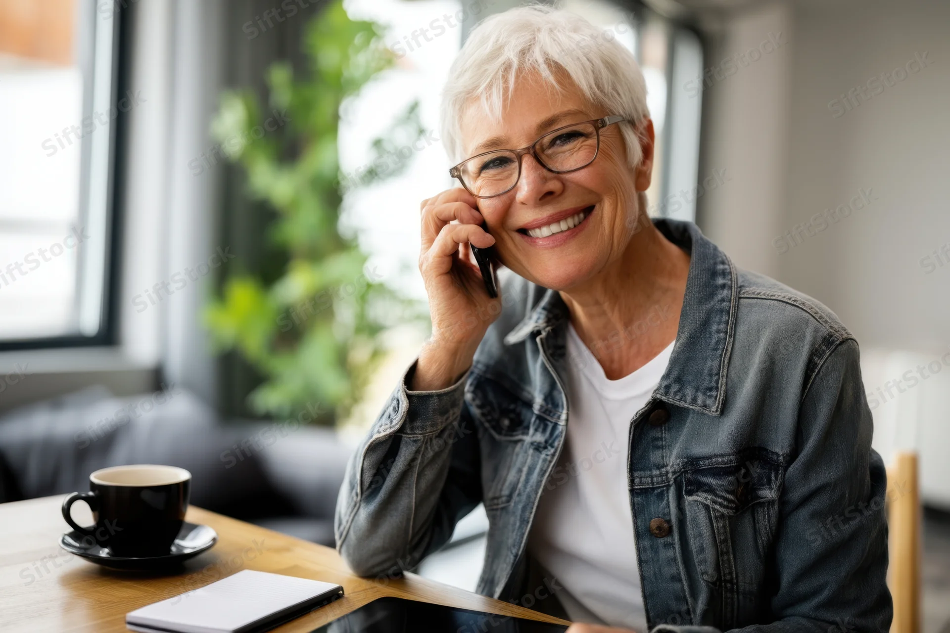 Senior woman smiling while talking on mobile phone at wooden table with coffee cup and notebook nearby