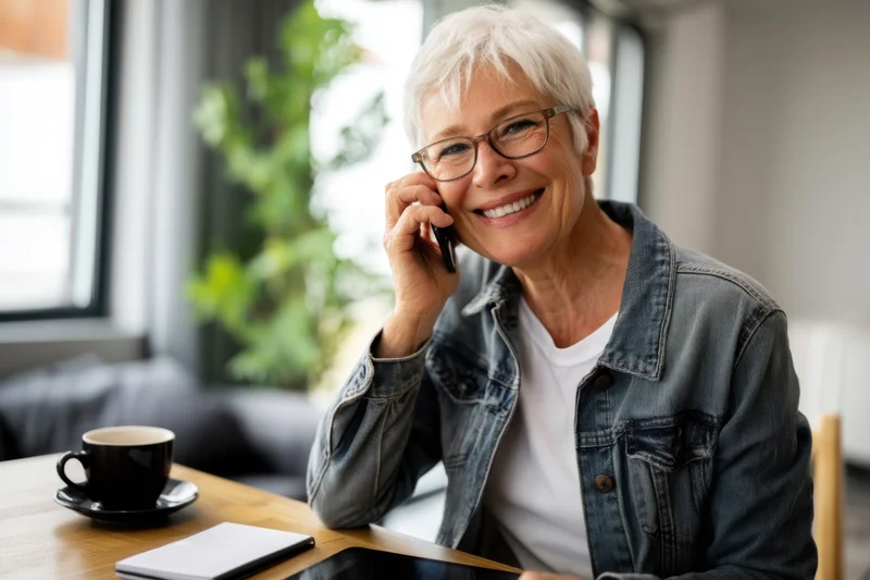 Senior woman smiling while talking on mobile phone at wooden table with coffee cup and notebook nearby