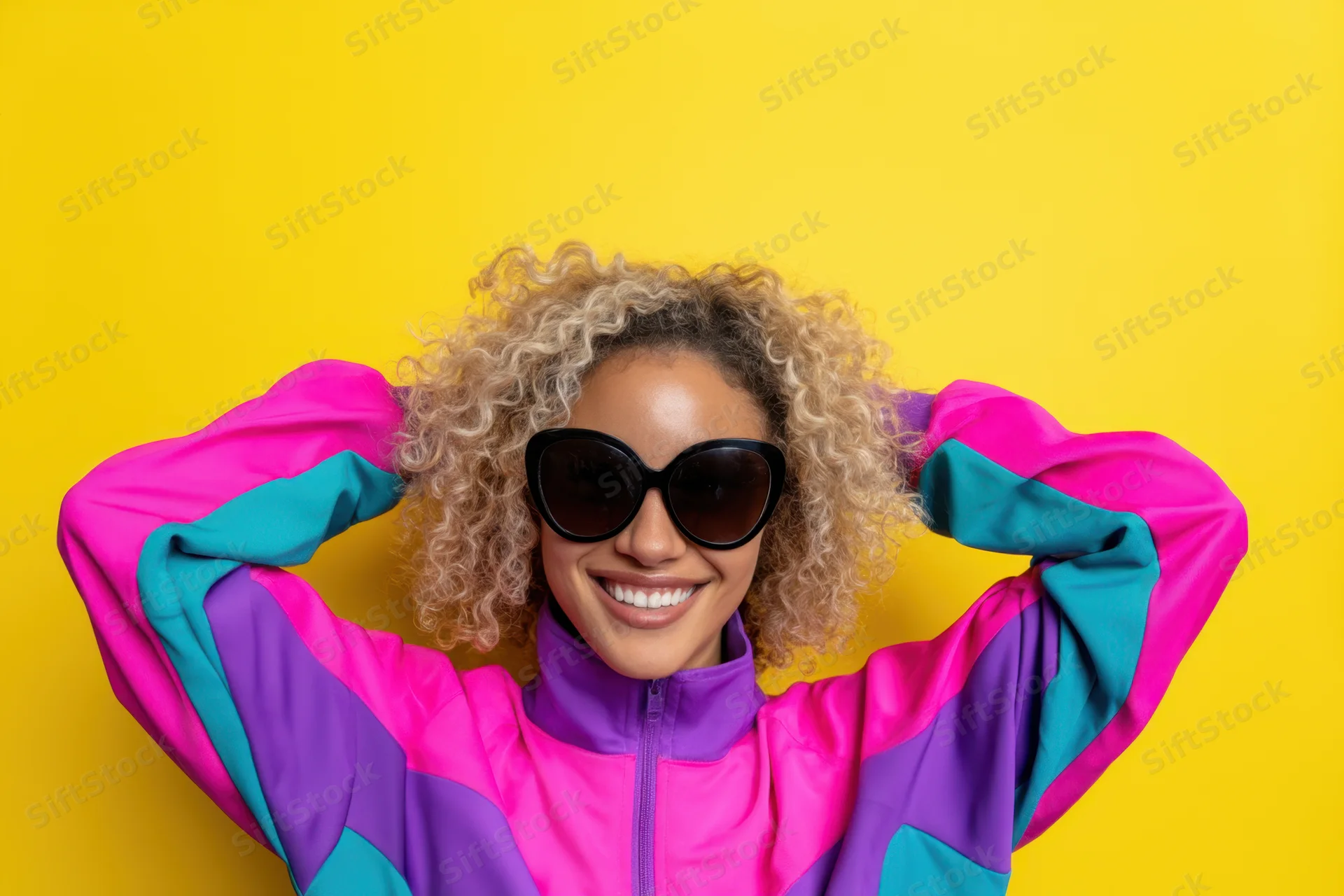 Young black woman smiling with curly blonde hair wearing sunglasses and a colorful retro tracksuit against yellow background
