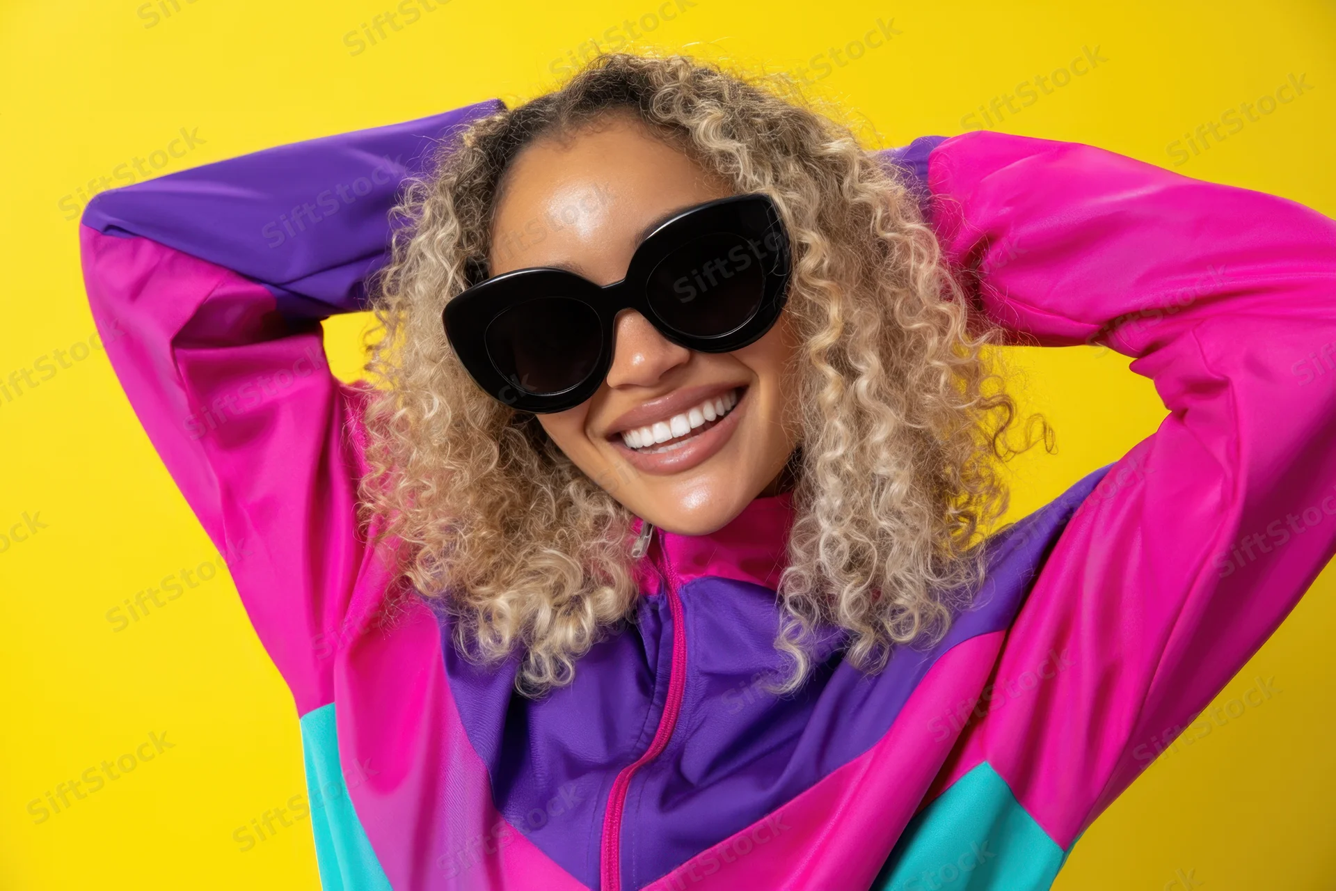 Young woman smiling with curly blonde hair wearing black sunglasses and a pink purple teal jacket against yellow background