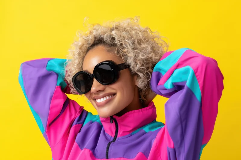 Young woman smiling with curly blonde hair wearing colorful retro jacket and sunglasses against yellow background