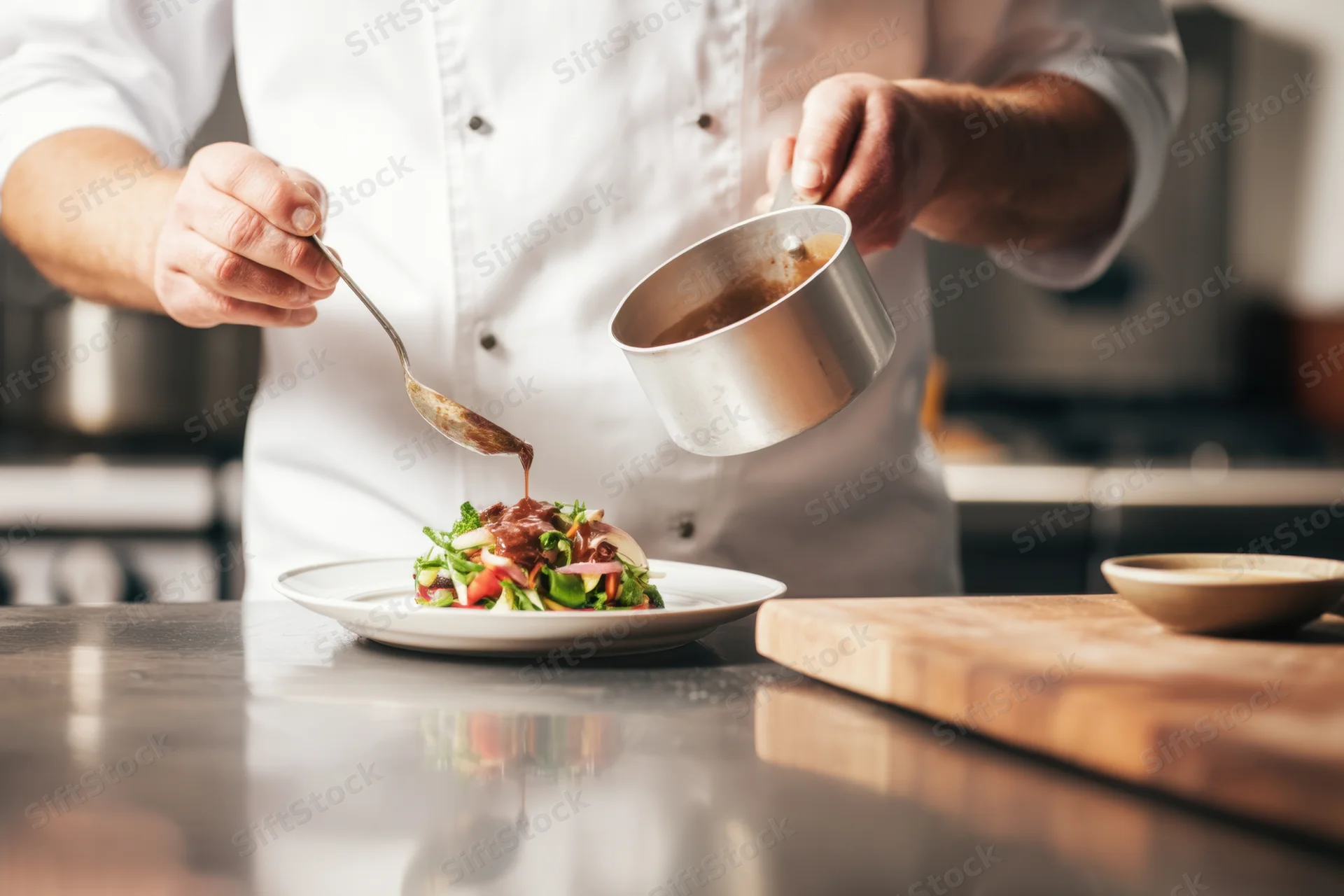 Chef plating gourmet salad with sauce in restaurant kitchen