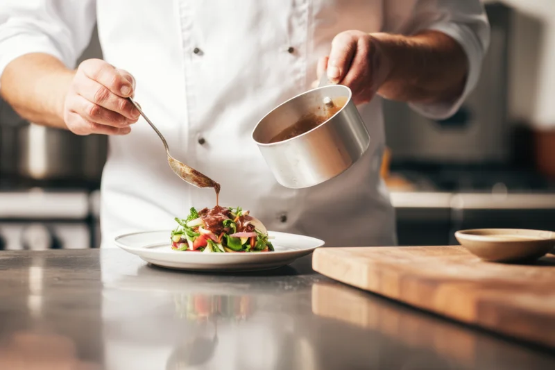 Chef plating gourmet salad with sauce in restaurant kitchen