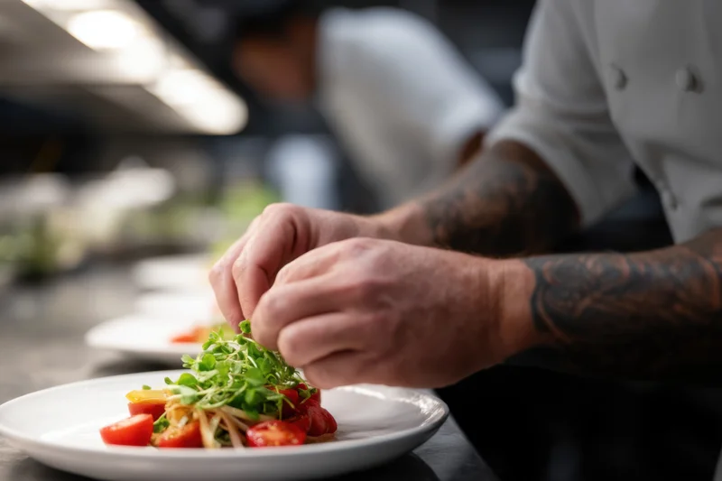 Chef's hands plating a gourmet salad with microgreens and tomatoes in a restaurant kitchen