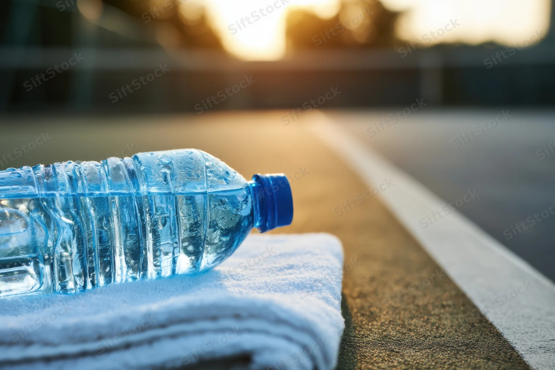 Clear blue plastic water bottle resting on white towel on running track surface
