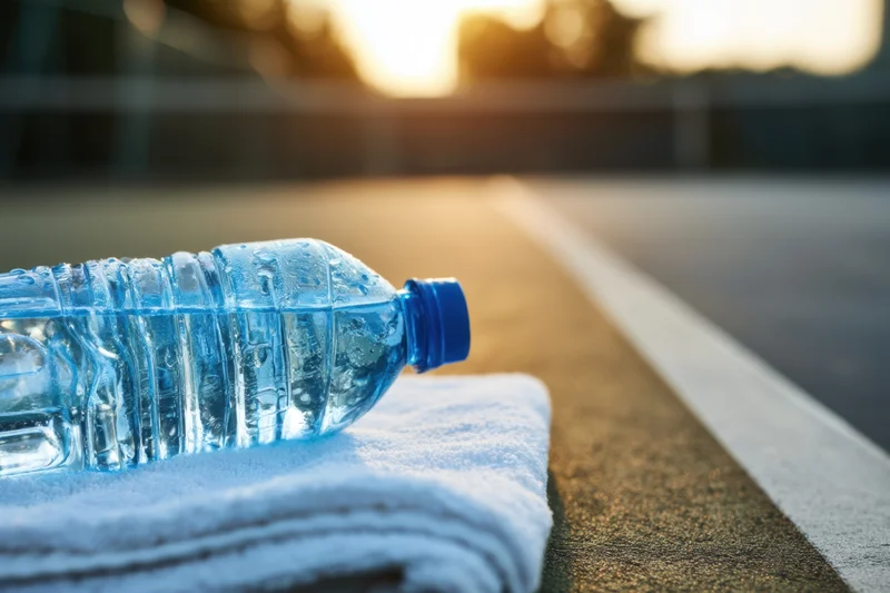 Clear blue plastic water bottle resting on white towel on running track surface