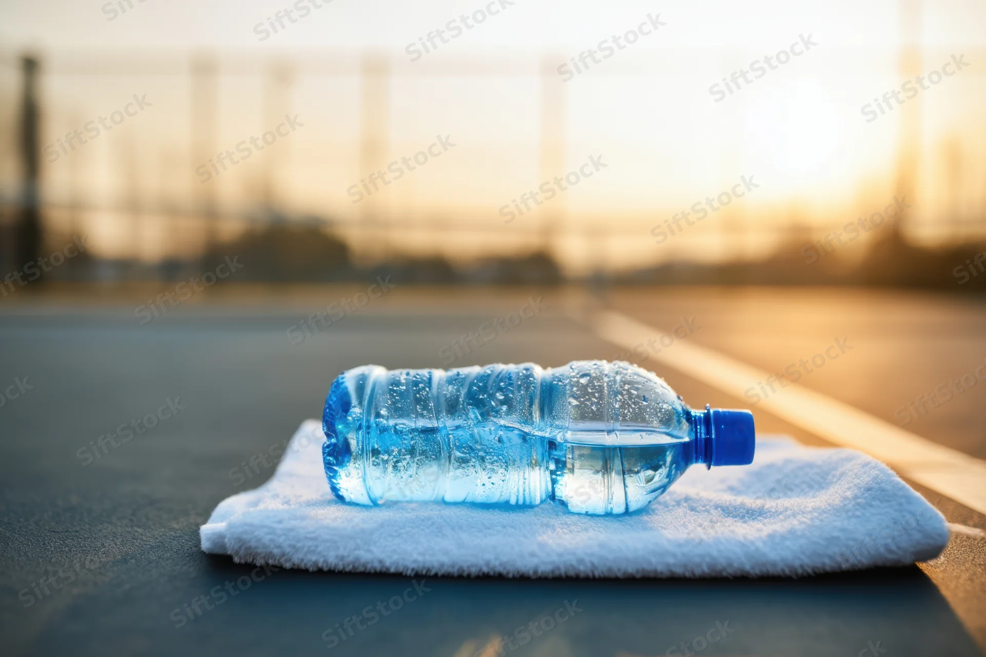 Clear blue plastic water bottle resting on white towel on paved surface at sunset