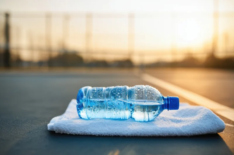Clear blue plastic water bottle resting on white towel on paved surface at sunset