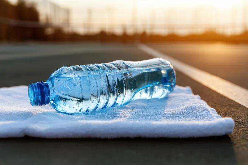 Clear blue plastic water bottle resting on white towel on running track at sunset