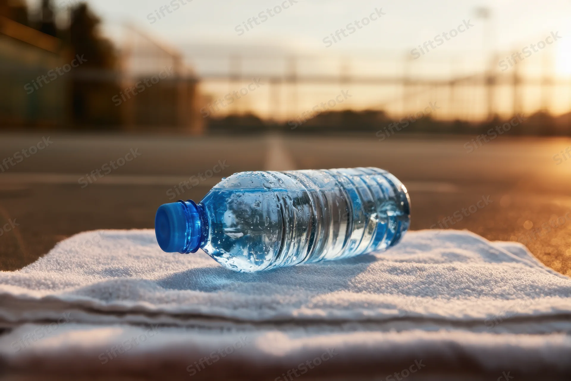 Clear blue plastic water bottle resting on white towel on outdoor track at sunset
