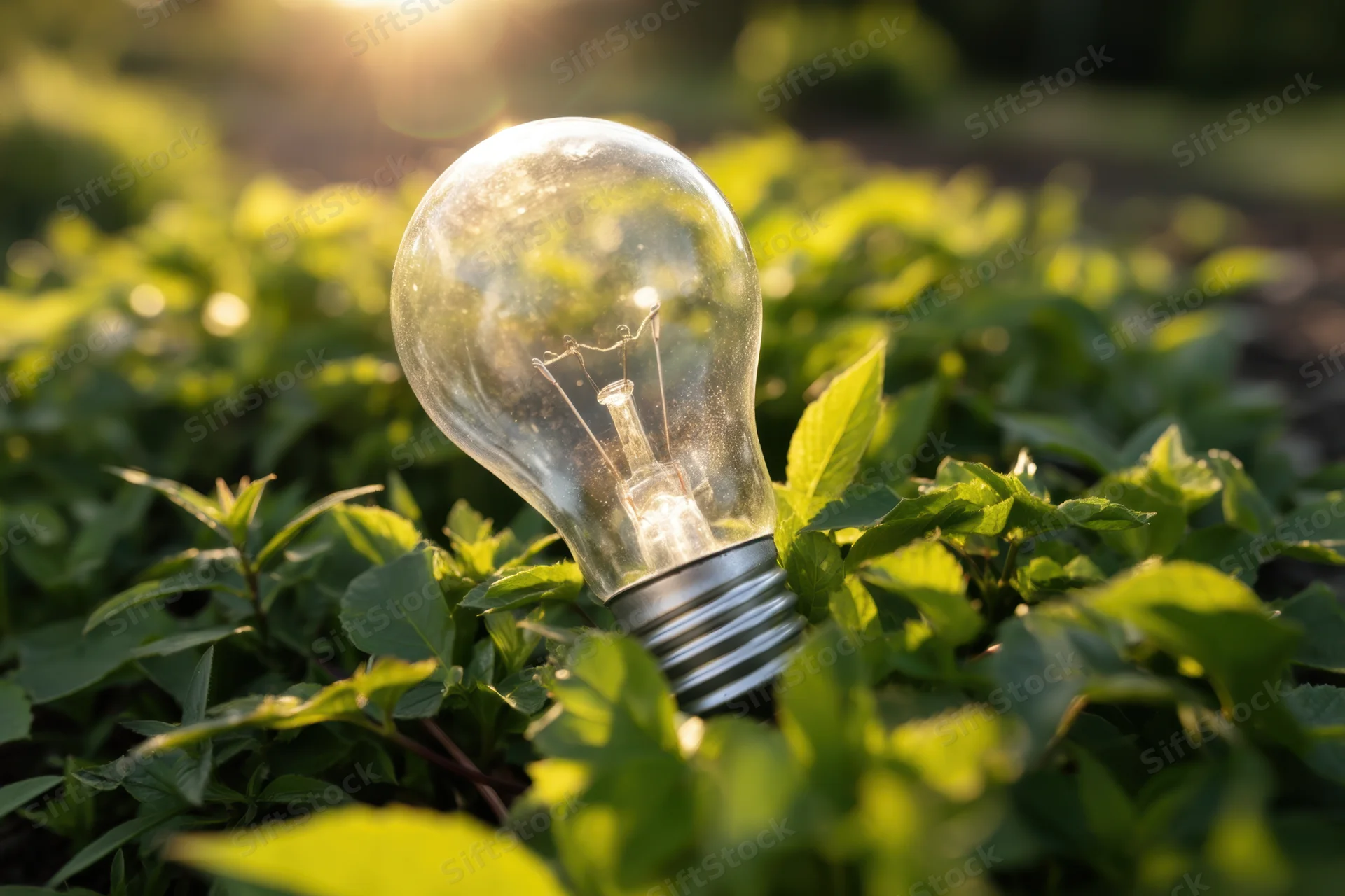 Clear lightbulb resting among green leaves in a sunlit garden