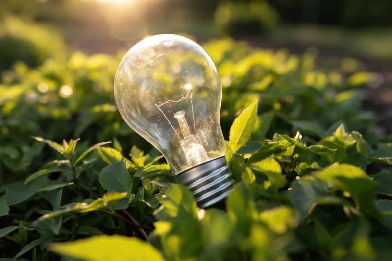 Clear lightbulb resting among green leaves in a sunlit garden