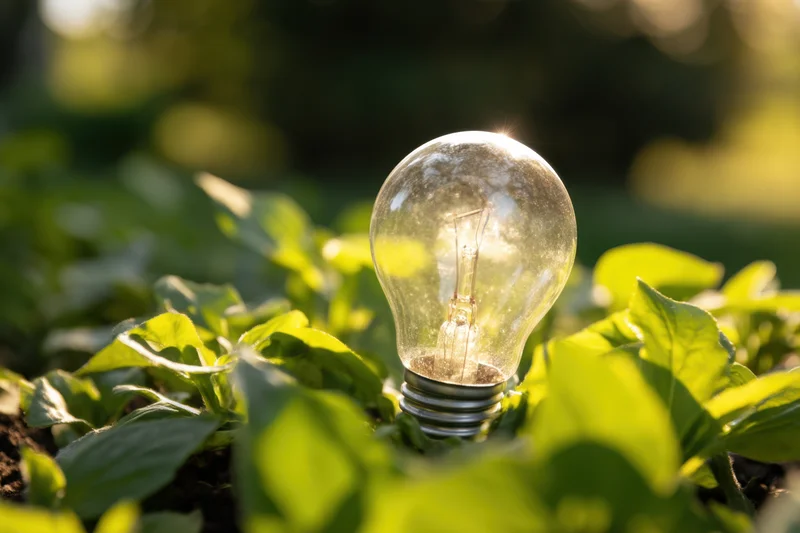Glowing lightbulb nestled among vibrant green leaves in a sunlit garden