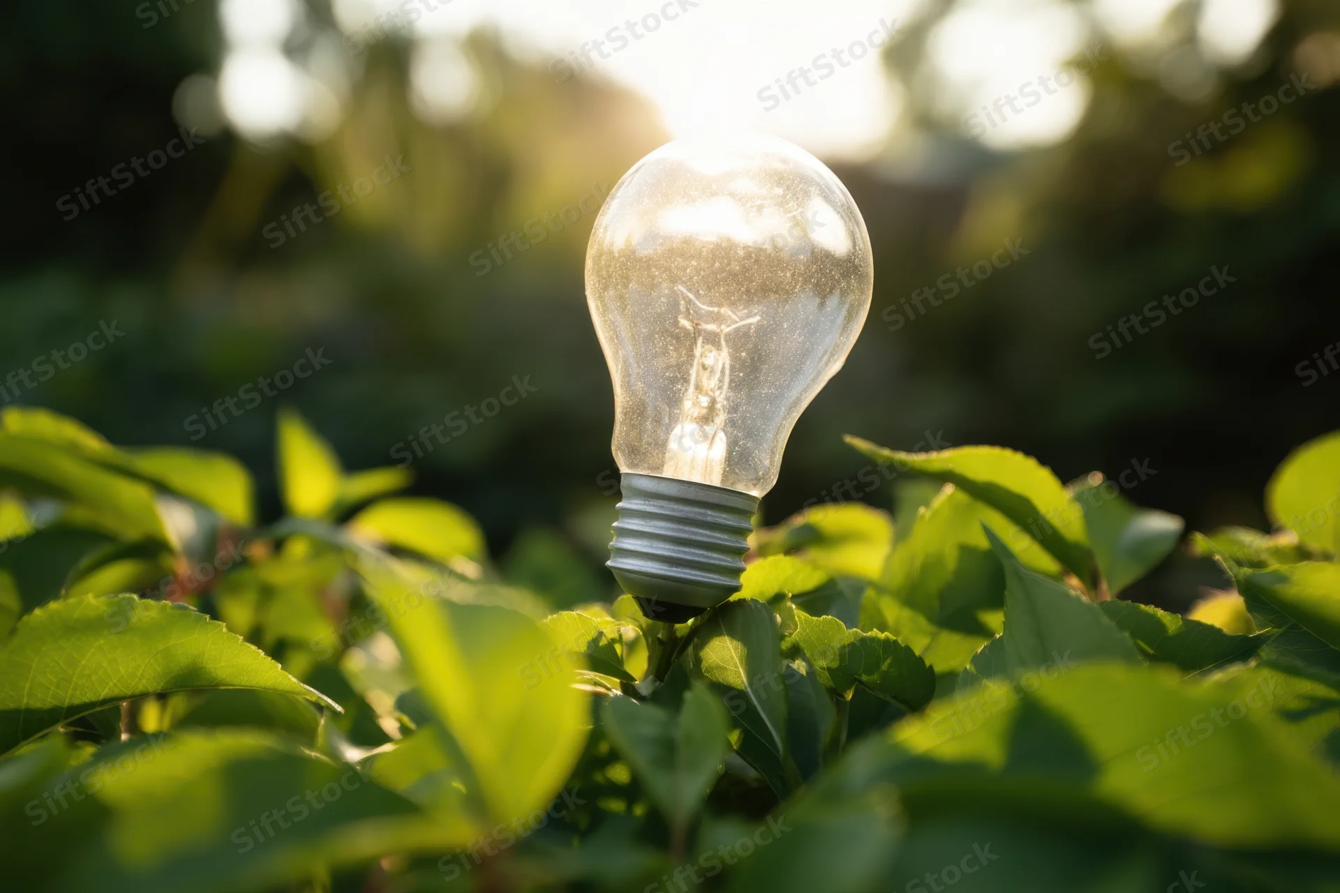 Glowing lightbulb among green leaves in natural sunlight