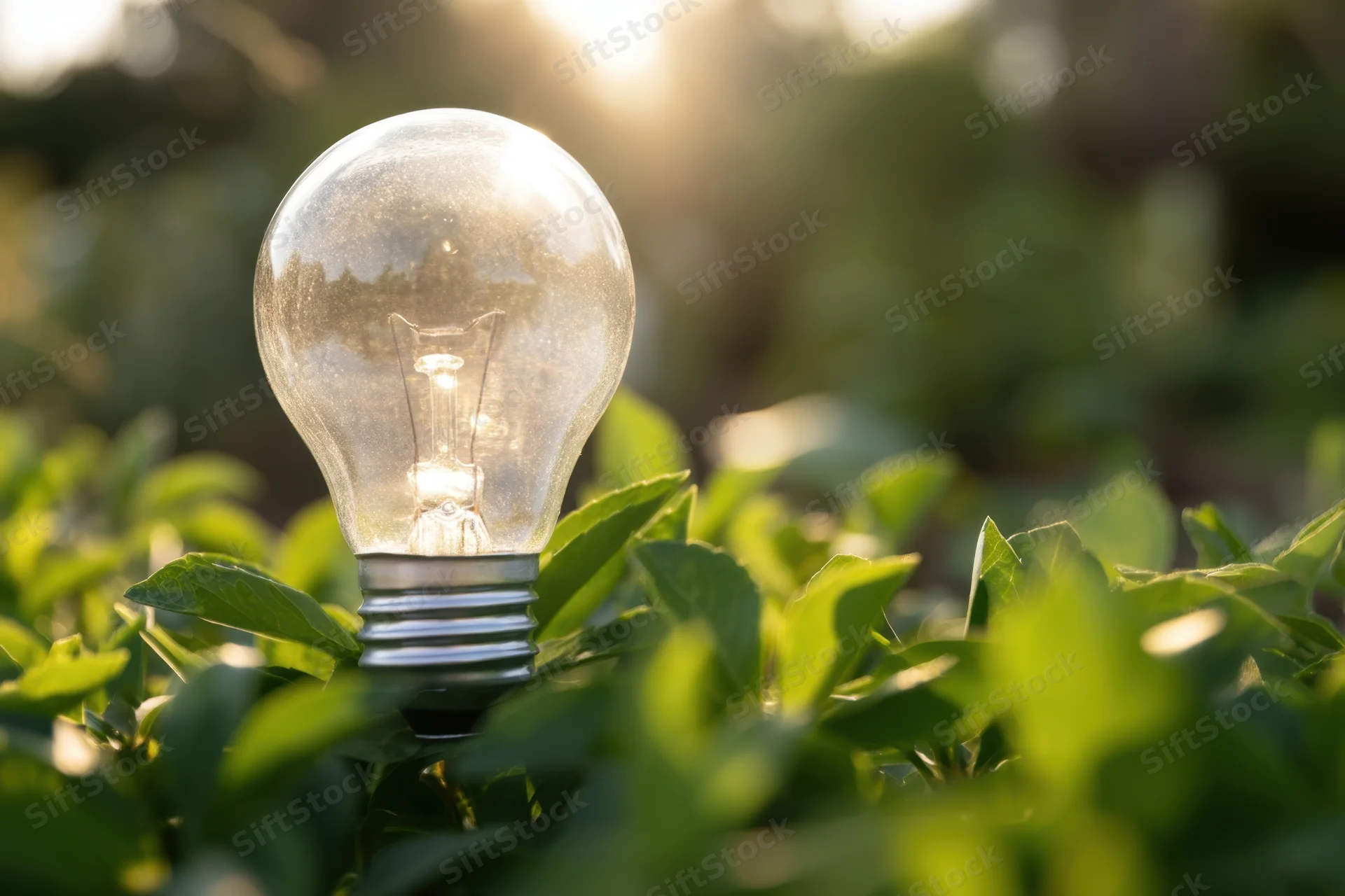 Glowing lightbulb among green leaves in a garden setting