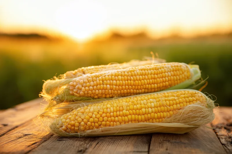 Fresh golden corn cobs stacked on a wooden table in a field at sunset