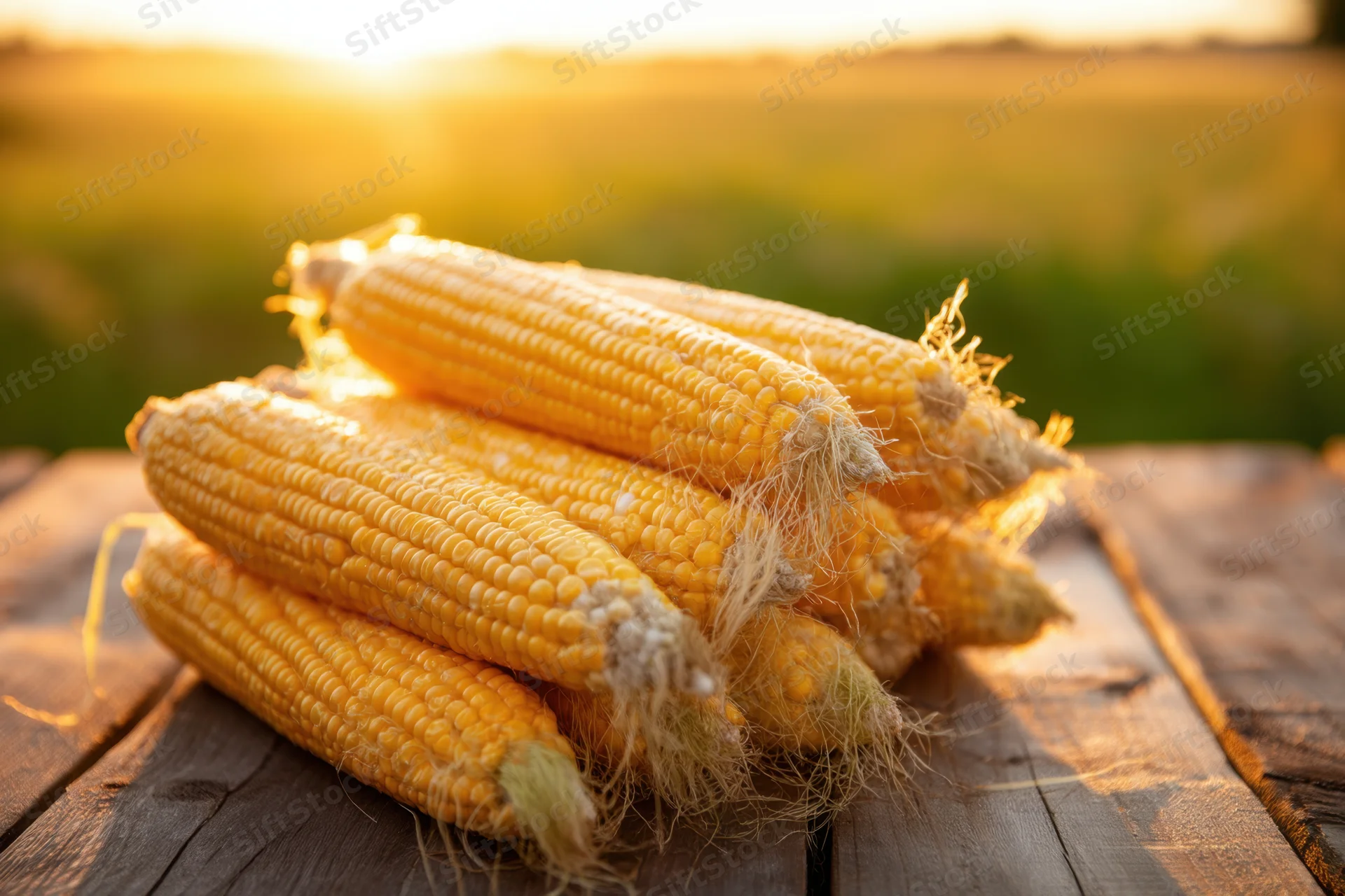 Fresh golden corn cobs stacked on a wooden table in a field at sunset