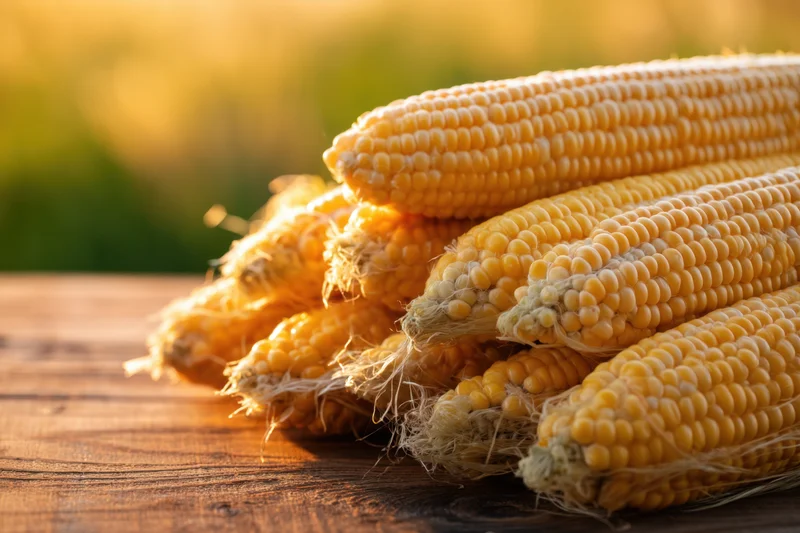 Fresh golden corn cobs stacked on a wooden table outdoors in warm sunlight