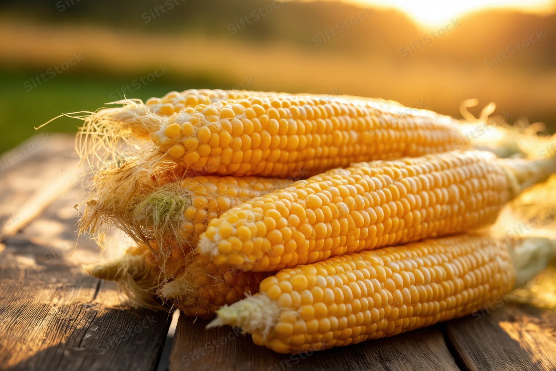 Fresh golden corn cobs stacked on a wooden table outdoors at sunset