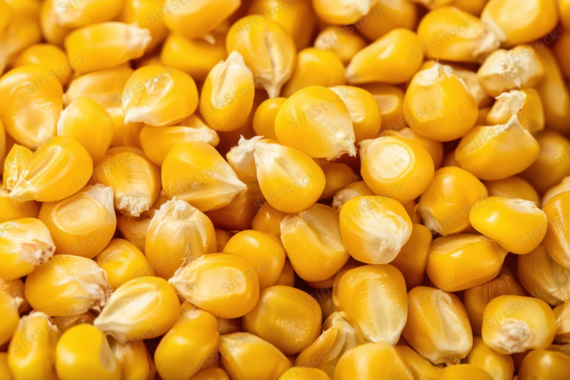 Closeup of golden corn kernels scattered in a chaotic pile