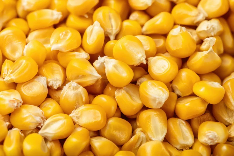 Closeup of golden corn kernels scattered in a chaotic pile