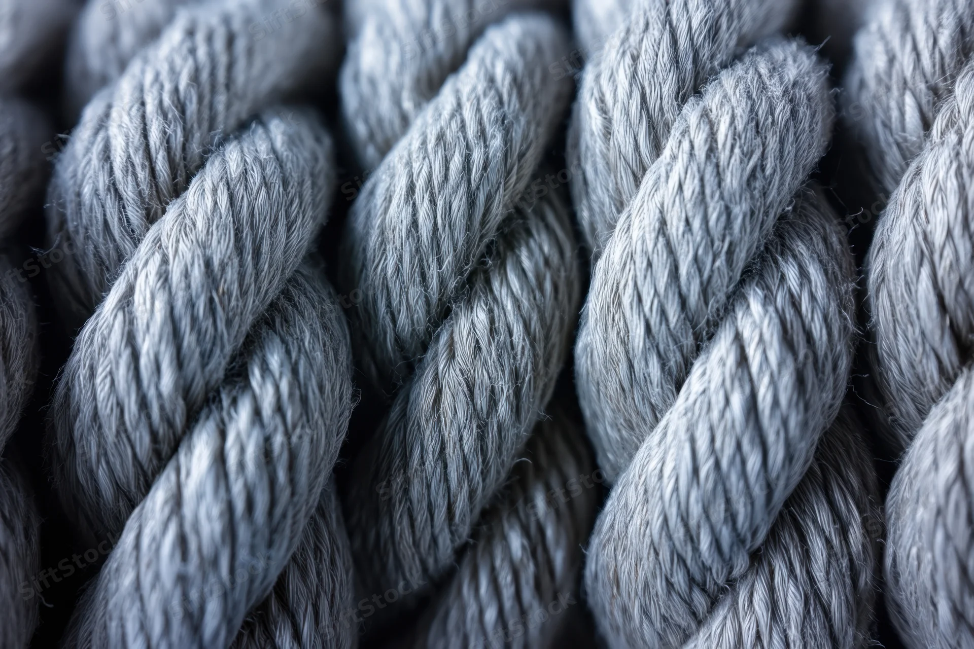 Close-up of thick twisted rope strands braided together in a dense pattern