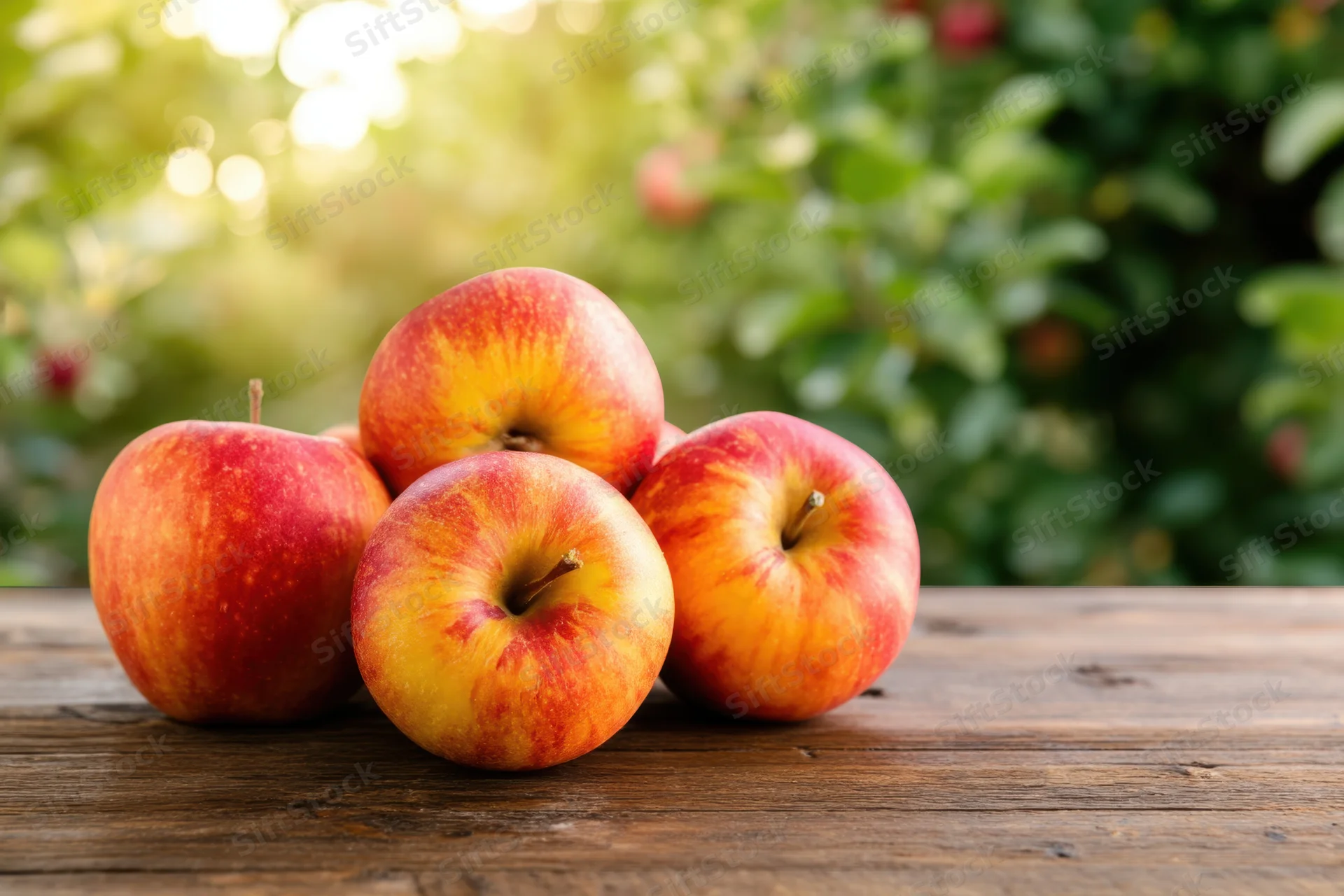 Cluster of fresh ripe apples arranged on a wooden table in an orchard setting with blurred green foliage and sunlight in the background