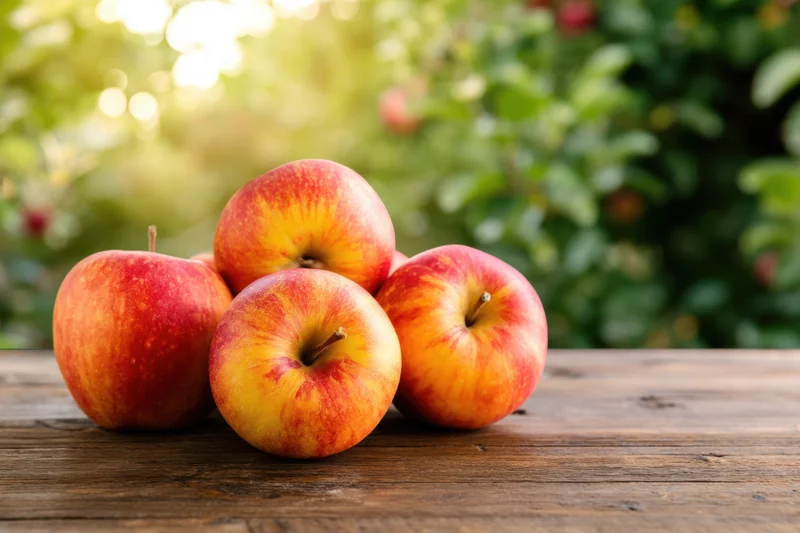 Cluster of fresh ripe apples arranged on a wooden table in an orchard setting with blurred green foliage and sunlight in the background