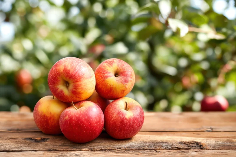 Cluster of fresh ripe apples arranged on a wooden table in an orchard setting