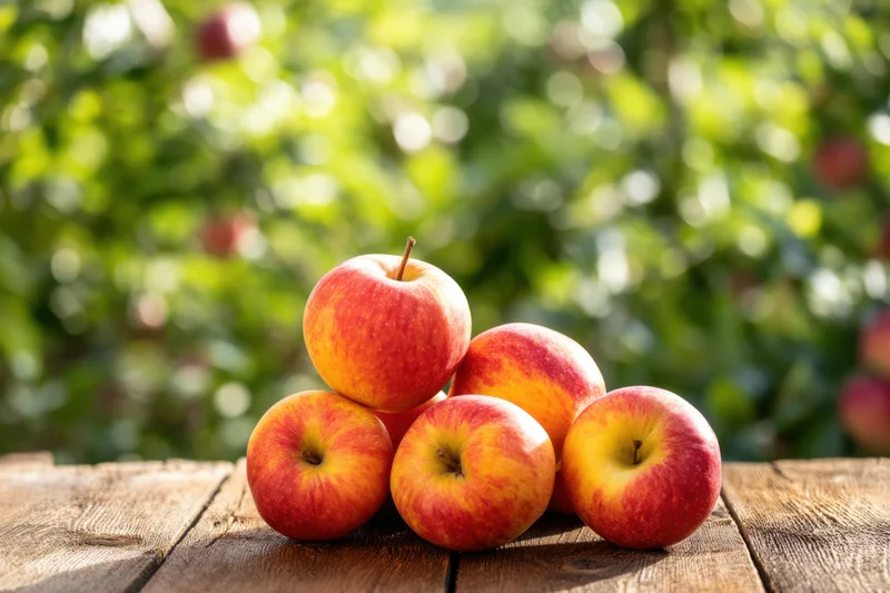Cluster of fresh ripe apples arranged on a wooden table in an orchard with blurred green foliage background